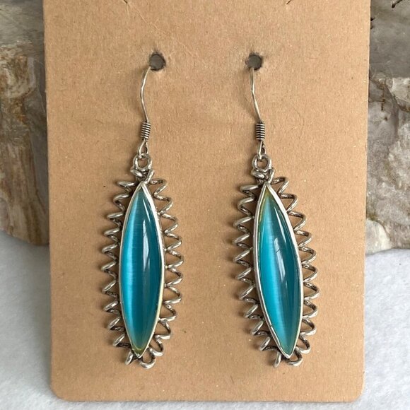 Sterling Silver 925 Marquise Turquoise Blue Cats Eye Spiral Dangle Earrings - Picture 16 of 16